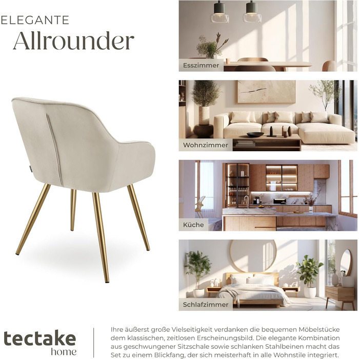 Тектейк® Крісло з велюру, комплект 2 шт., кремово-золотий колір. Сучасні кухонні стільці, крісла для вітальні, стільці для туалетного столика.