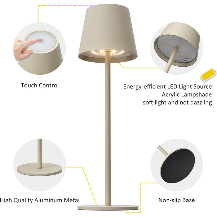 LED-лампа K-Bright на акумуляторі, 4 шт., диммування, 36.5 см, IP54, тепле світло 2700K, USB-C, бежевий