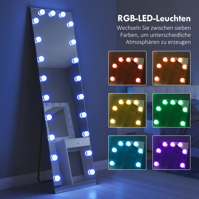 Дзеркало у повний зріст 150x40 см з RGB-підсвіткою LED, настінне/підлогове, з 21 лампочкою, 7 кольорів підсвітки, сенсорне керування, функція пам'яті.