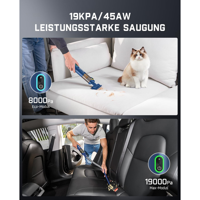 Аккумуляторний автомобільний пилосос Fanttik Slim V8 APEX, портативний ручний міні-пилосос 4-в-1 RobustClean™, 19000 Па/45 AW, 2 режими всмоктування, для авто, офісу та клавіатур (Синій)