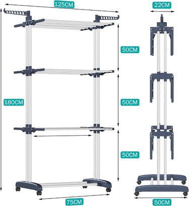 Розсувна сушильна стійка Tower, металева, складна, 180 см, темно-синій
