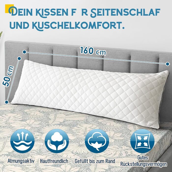 Подушка для сну на все тіло AS AWESLING з ефектом пам'яті (Memory Foam), біла, 160 x 50 см, з чохлом для підтримки бокового сну