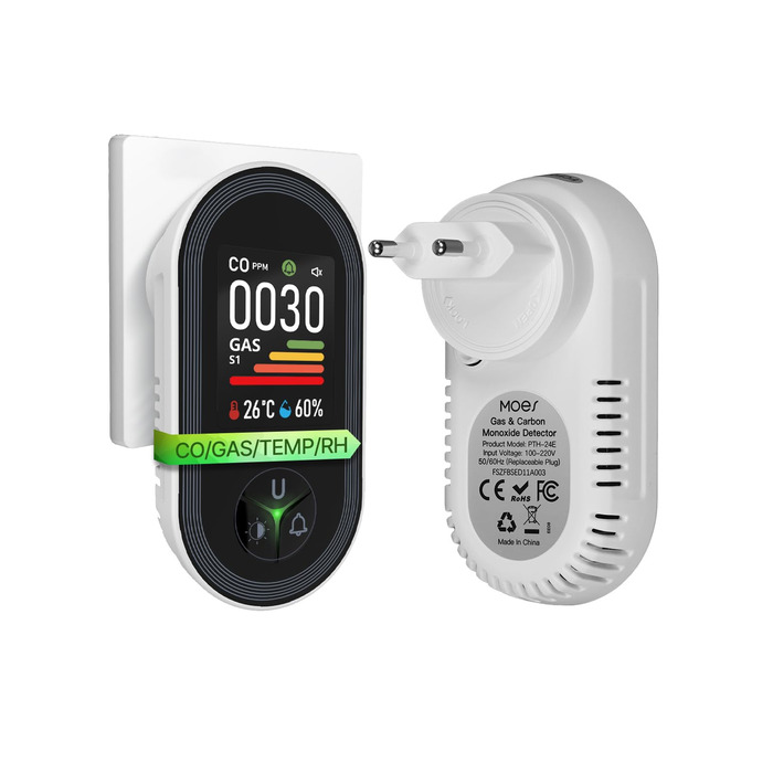 Датчик виявлення CO та газу MOES з вилкою, 4-в-1: CO-детектор з датчиком температури та вологості, акустичний сигнал для LPG, пропан, метан, етан та CO. Підходить для дому та автокаравану. 1 шт.