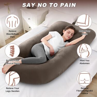 Вагітний подушка J-подібної форми, подушка для годування, подушка для підтримки тіла, подушка для вагітних знімний чохол, 140x70 см (Коричневий, Велюр)