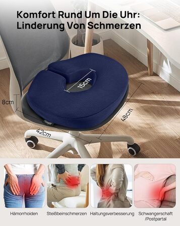 Ортопедична подушка-кільце Feagar: ергономічний сидіння-пончик для копчика, геморой та ішіасу, посилена (90-140 кг), темно-синя