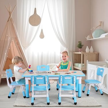 Дитячий стіл зі стільцями (6 шт.) - комплект для дитячого садка та кімнати, регульована висота, пластикові меблі, сидіння для хлопчиків та дівчаток (блакитний)