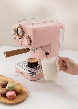 Еспресо-машина рожевий матовий і дерев'яний/Напівавтоматична, з насосом тиску 15 бар і резервуаром для води 1100 Вт, 1,25 л, для меленої кави, 55 мм. ESE- Стручки рожеві матові - дерево