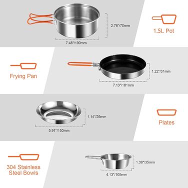 Набір посуду для кемпінгу Odoland: каструля, сковорода, тарілки, миски, виделки, ножі, ложки (10/15 шт.) з нержавіючої сталі з антипригарним покриттям та чохлом