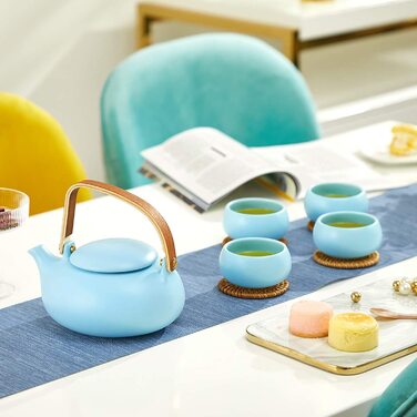 Чайний сервіз Zens фарфор з ситечком, 800 мл, матовий японський чайник з дерев'яною ручкою, керамічний білий, з 4 чашками, і підставка з ротанга для розсипного чаю в подарунок (11-яскраво-синій чайний сервіз-4 чашки)