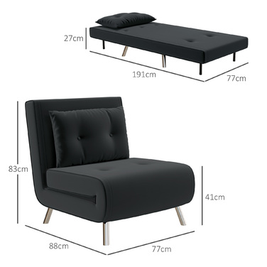 Розкладне крісло HOMCOM Sleeper з функцією ліжка 77x88x83см, одномісний диван з подушками, м'який оксамитовий диван в чорному кольорі для гостей
