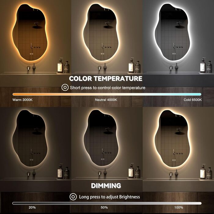 Дзеркало для ванної кімнати Dripex LED з підсвічуванням, сенсорне керування, регулювання яскравості, 3 кольори світла, без запотівання, асиметричне, 85x52 см