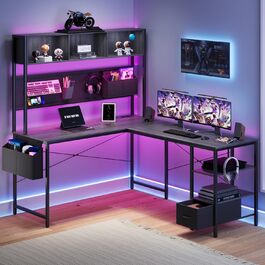 Dowinx Геймінговий кутовий стіл з LED-підсвічуванням, 120x148 см, з розетками та USB, сірий