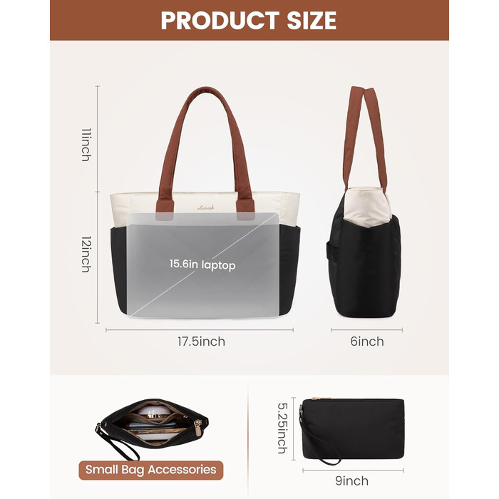 Сумка для ноутбука LOVEVOOK 15.6 дюймів, жіноча: шопер, велика робоча сумка, для навчання, універсітету, бізнесу (чорно-біро-коричнева)