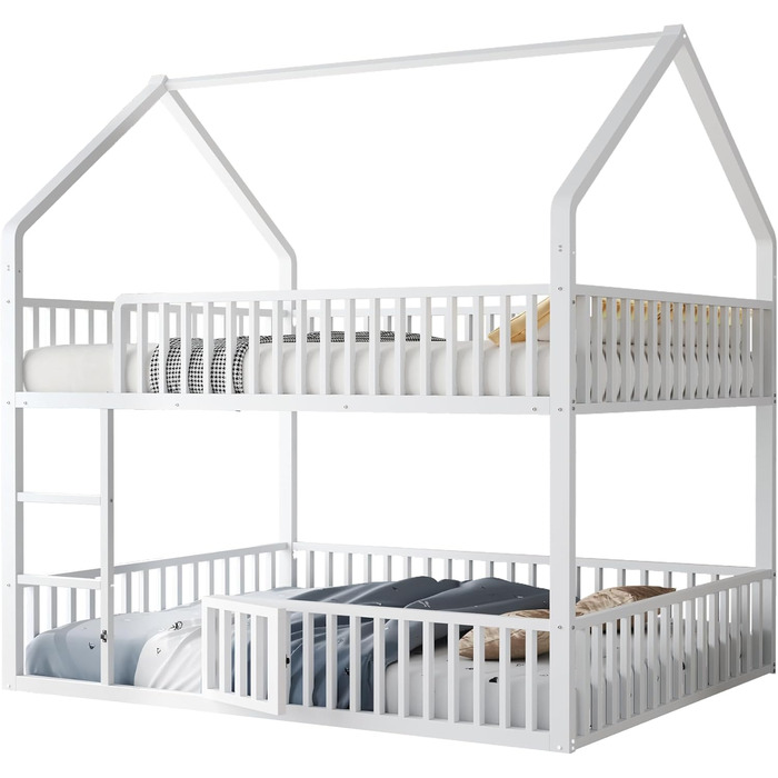 Двоярусне ліжко 140x200 для 2 дітей з лесенкою та бар'єром, металеве, з ламелями (біле)