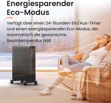 Електричний радіатор з таймером на 24 години, пультом дистанційного керування, термостатом і захистом від перегріву - Електричний обігрівач енергозберігаючий з 3 режимами нагріву, без масла - Чорний, 2000W Eco Radiator -