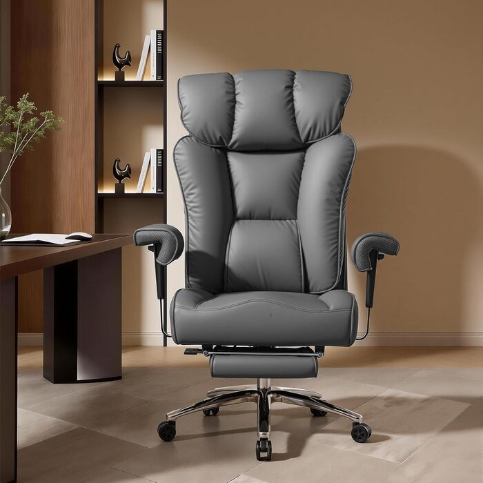 Офісний крісло Efomao XXL 200 кг з підставкою для ніг, сіре. Крісло для керівника з екошкіри, висока спинка, регульовані підлокітники, підтримка попереку для дому та офісу.