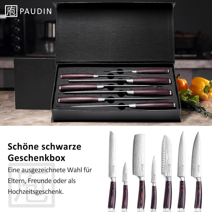 PAUDIN Profi: Набір кухонних ножів з нержавіючої сталі (7 шт.) - професійні, ергономічні, довговічні, для хобі та професійних кухарів