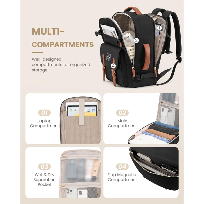 Рюкзак LOVEVOOK для ручної поклажі в літак, жіночий, водонепроникний, універсальний, для ноутбука 17 дюймів, шкільний, для студентів, подорожей, чорний/коричневий, 45x32x15 см