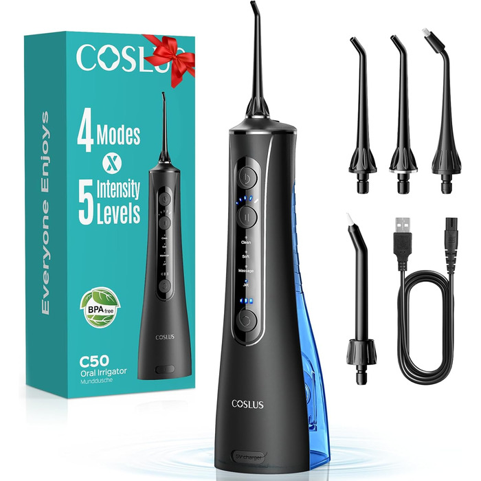 COSLUS Електрична душова лійка: 20 бар, IPX7, водонепроникна, 4 режими для догляду за порожниною рота, 5 інтенсивностей, чорна