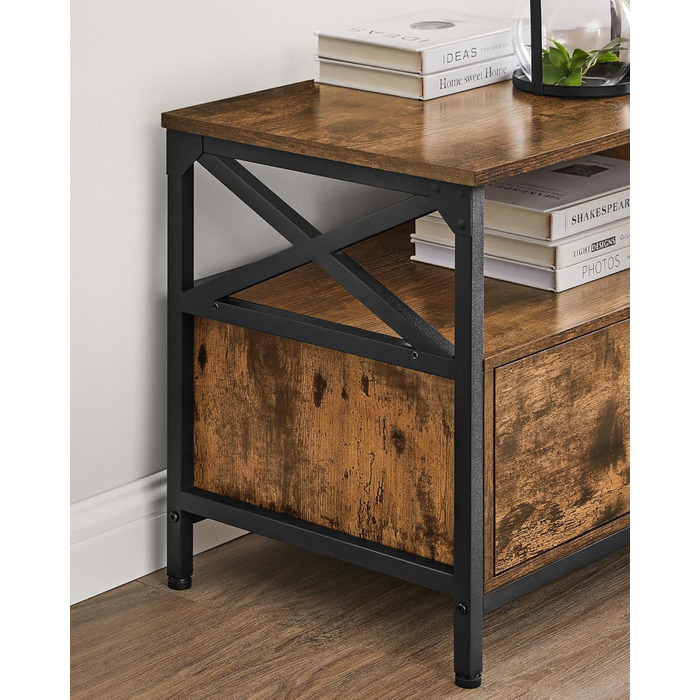 Тумба під телевізор VASAGLE до 80 дюймів, лофт, 3 шухляди, 3 полиці, вітальня, сталевий каркас, коричнево-чорний LTV302B01