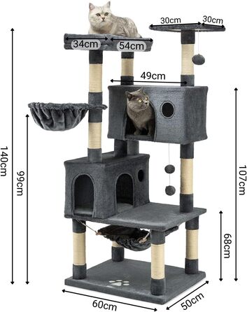Кігтеточка Lionto для кішок, 140 см, з плюшевими м'ячиками, гамаками, сизалевою мотузкою та печерами (темно-сіра)