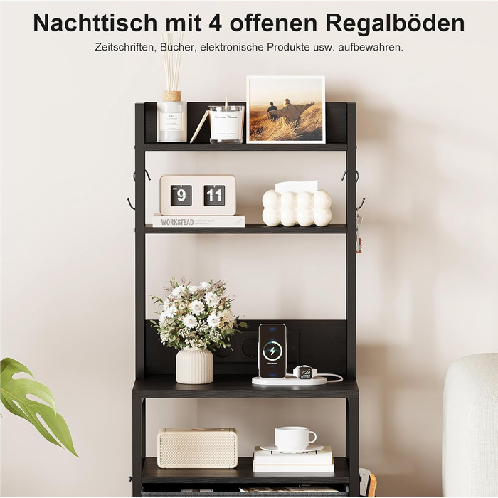 Нічний столик з підзарядкою та LED, приліжний столик з 3 висувними ящиками з тканини, нічник з полицею для книг, відкрите відділення, 2 розетки AC, 1 USB та 1 Type C роз'єми, для спальні, вітальні, офісу (Чорний) 40x30x60 см Чорний 1