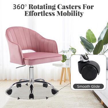 Крісло для офісу Fiximaster Homeoffice, крісло для робочого столу, обертове, регульоване по висоті, з велюру, ергономічне, для робочого кабінету/спальні, до 113 кг, рожеве