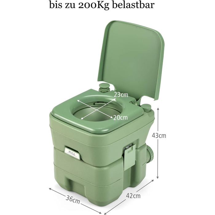 Туалет для кемпінгу DREAMADE 20L з знімними баками для відходів та чистої води, мобільний туалет з HDPE, витримує до 200 кг, з промиванням, для автодому та саду (зелений)
