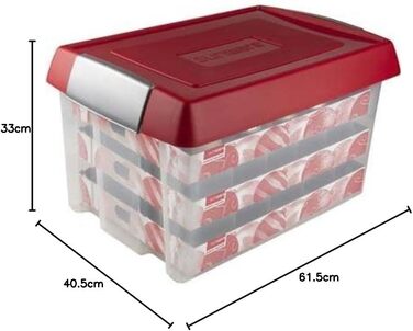 Ялинкова коробка SUNWARE Nesta 60 л з піднятим кришкою + лотки для 60 іграшок (діаметр 70-80 мм) - прозора/червона