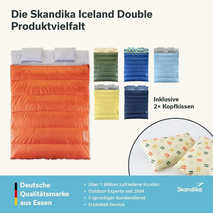 Двомісний спальний мішок Skandika Iceland 220x150 см, 3 сезони, бавовна/фланель, з подушками, трансформується в два одномісних, сімейний туристичний спальник