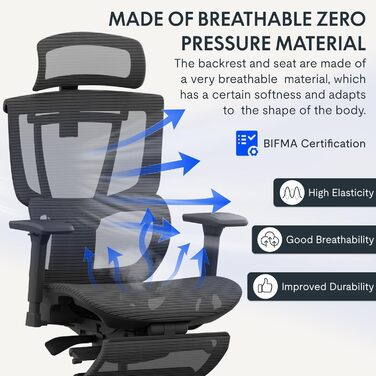 Крісло офісне FLEXISPOT ErgoX з регульованою поперековою підтримкою, 4D підлокітниками та 2D підголівником, дихаючий матеріал, висота регулюється, вантажопідйомність до 130 кг