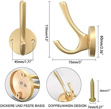 Гачки для гардеробу ZUONAI, Сучасні гачки для одягу, важкі гачки для вішалок, гачки для курток, настінні гачки для рушників, подвійний гачок для кухні, ванної кімнати, гардеробу (6 шт., золото)