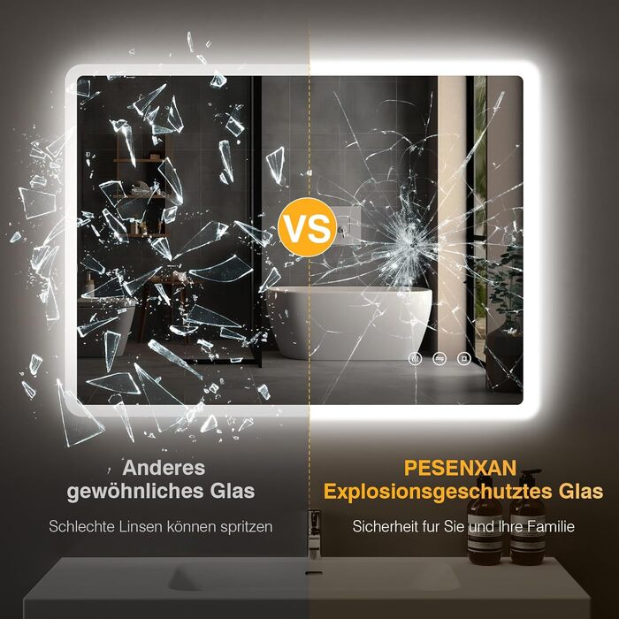 LED дзеркало для ванної кімнати 80x60 см з підсвічуванням, диммування, антизапар, 3 кольори світла, IP44, функція пам'яті, горизонтальне/вертикальне кріплення