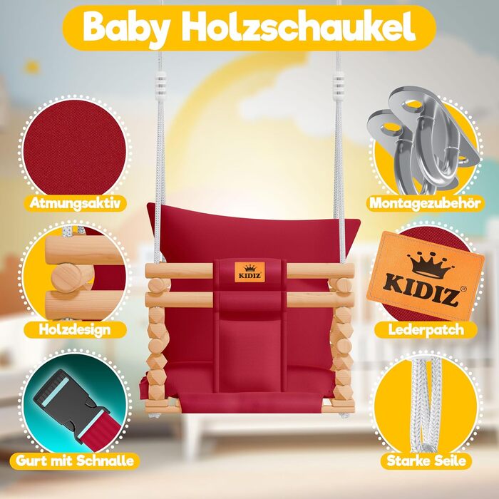 Дитячий гойдалка-колиска KIDIZ® для немовлят (від 6 міс.) та малюків до 3+ років, дерев'яна, з регулюванням висоти та м'якою подушкою, для дому та вулиці, бордовий колір