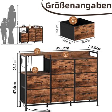 Комод Somdot для спальні, вітальні, передпокою з висувними ящиками, LED-підсвічуванням та розеткою (2 AC, 1 USB, 1 Type-C), 5 тканинних ящиків, білий, 29T x 66,5B x 70,5H см (декор під дерево, 29T x 99B x 70.5H см (8 ящиків))