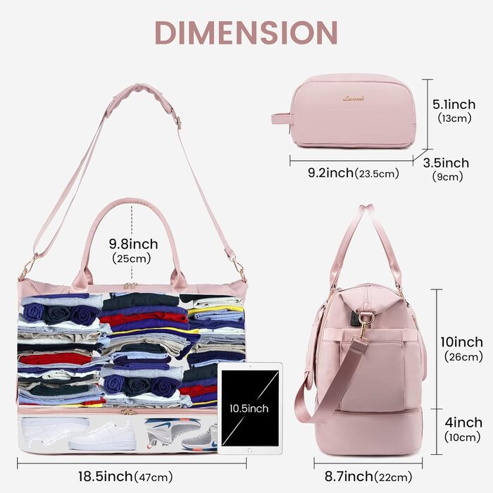 Спортивна сумка LOVEVOOK для подорожей, жіноча, 37L, рожева: Weekender, культ. сумка, відділення для взуття та мокрих речей