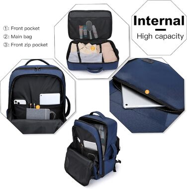 Рюкзак KONO для ручної поклажі в літак, великий, водонепроникний, 55 x 35 x 20 см, 38L (Navy)