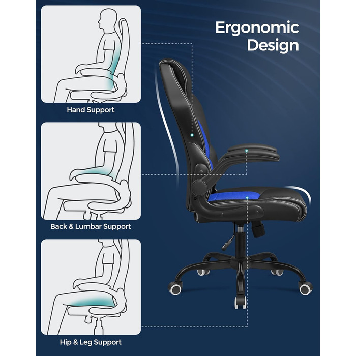 Ігрове крісло, Офісне крісло, Гоночне крісло, Комп'ютерне крісло, Ергономічне крісло, з підголівником і підлокітниками, для Домашнього офісу, Спальні, OBG059B01, 62 x 72 x (111,5-121) см (Чорно-синій, 52 x 47 x (110-120) см)
