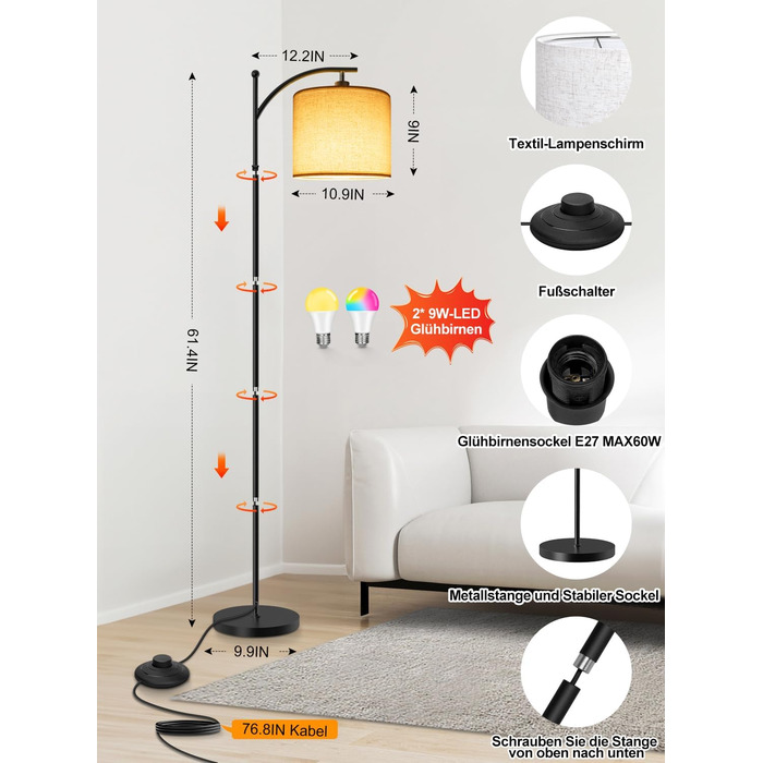 Торшер KingMile, WiFi RGBCW LED, з можливістю затемнення, сумісний з Alexa/Google, 3 колірні температури, 156 см, жовтий