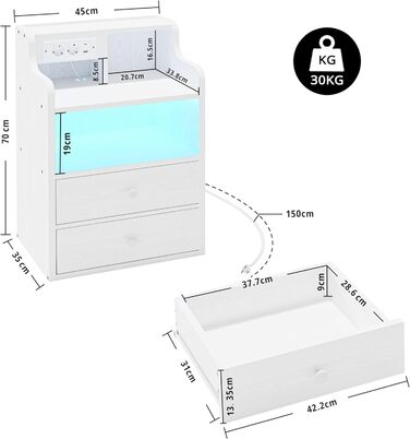 Нічний столик IRONCK з LED-підсвіткою, розеткою та функцією зарядки, з ящиками, білий.