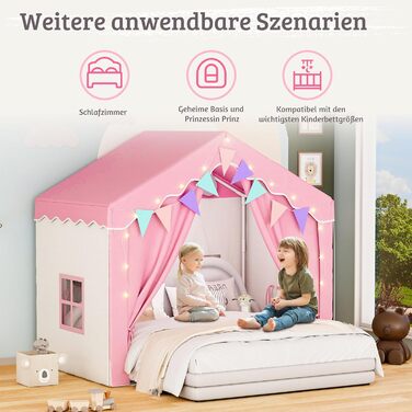 Дитяче намет-ігровий будиночок EROMMY 2-в-1 з килимком, прапорцями та світлодіодними смугами, з двома дверцятами, з даховим віконцем, для дому, 3+ роки (Рожевий)