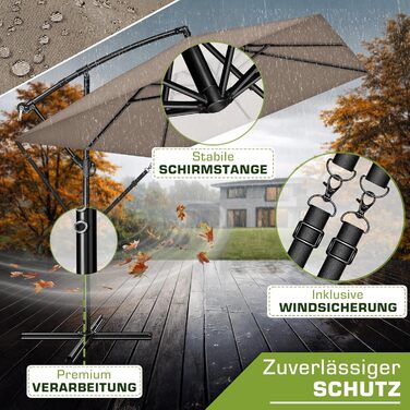 Прямокутна алюмінієва парасолька від сонця tillvex® 330 см з ручкою-котушкою, чохлом та стійкою, водовідштовхуюча, UV-захист, поворотна на 360°, колір капучино