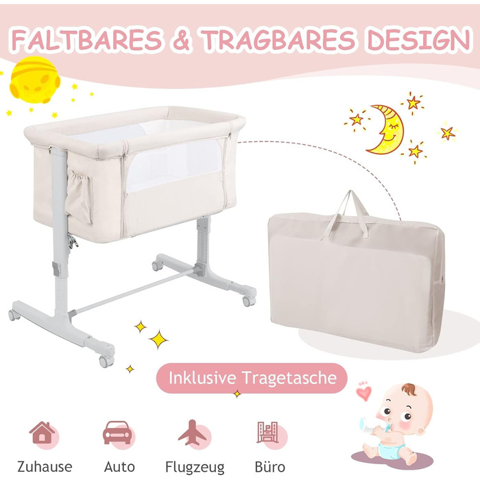 Дитяче ліжко-гойдалка Dreamade 2 в 1 з регулюванням висоти, 86 x 63 см, для новонароджених до 9 кг, з матрацом та колесами, похил 10° (Бежевий)