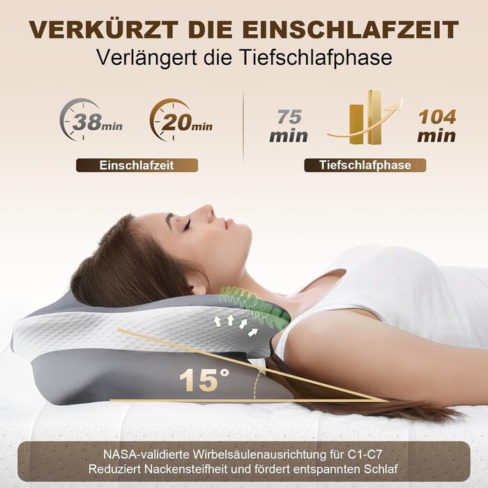 Ортопедична подушка для шиї з Memory Foam, сертифікат Oeko-Tex® | Підходить для сну на боці, спині та животі | Подушка для шиї для алергіків, сірого кольору (1 шт)