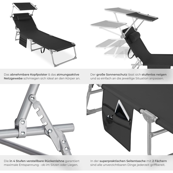 Лежак для відпочинку Tectake®: розкладний, портативний, з кишенею, для саду, пляжу, кемпінгу, з регульованою спинкою та подушкою (чорний)
