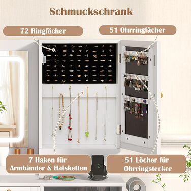 Тумбочка для макіяжу з LED-підсвічуванням COSTWAY, туалетний столик з зарядкою, дзеркало, пуф, 3 ящики, місце для фену, білий + золотий