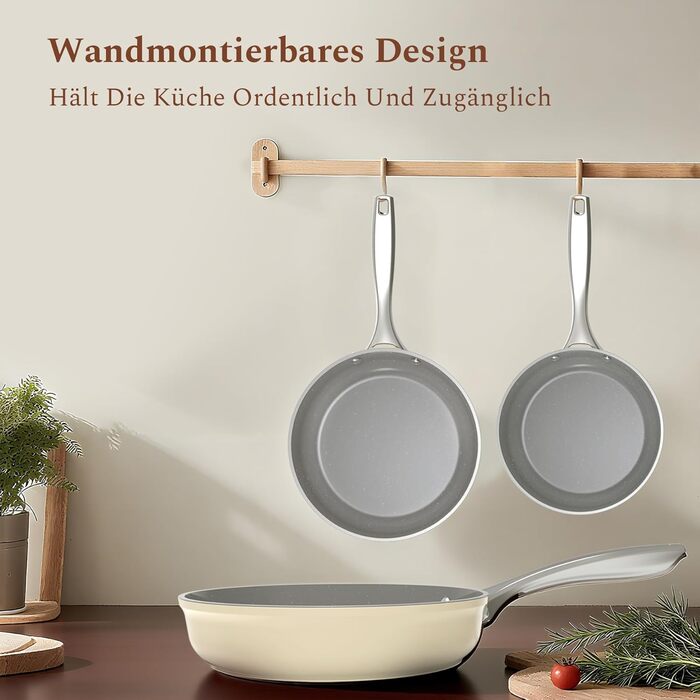 Набір сковорідок Koch Kode: керамічні сковороди 20, 24, 28 см з нержавіючою ручкою, індукційне дно, без PTFE та PFOA, придатні для миття в посудомийній машині та випікання, бежевий колір