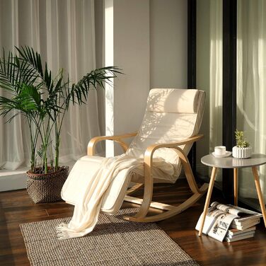 Крісло-гойдалка SONGMICS з берези, бежеве, з регульованою підставкою для ніг, бавовняний чохол, до 150 кг