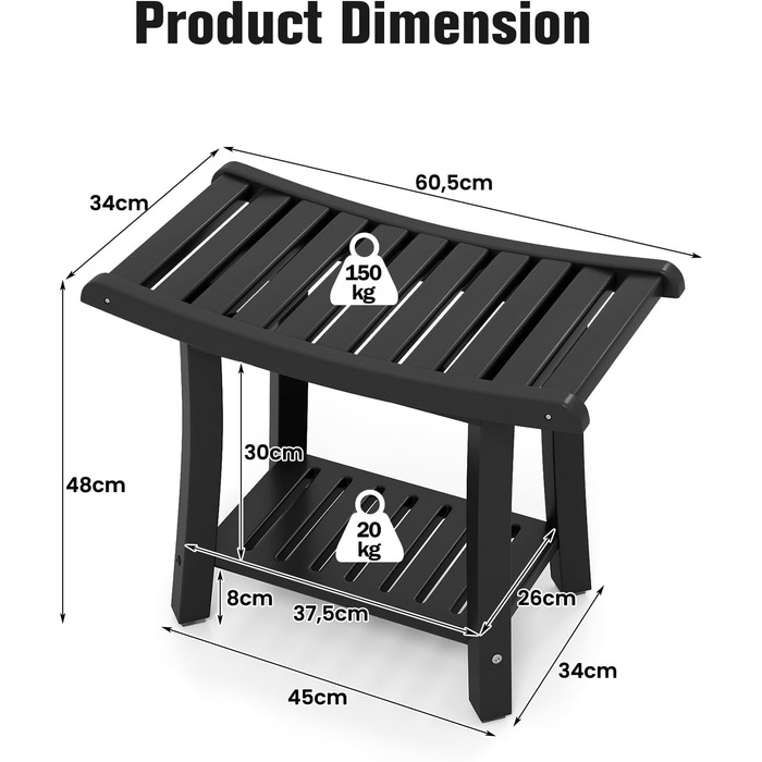 Двомісний стілець для душу HOMASIS з полицею, витримує до 170 кг, з HDPE, з 2 ручками та антиковзними накладками, для літніх людей та дорослих (Чорний)