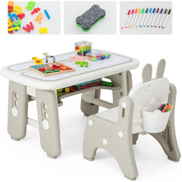 Дитячий стіл COSTWAY зі стільцем, регульований по висоті стіл з відкидною книжковою шафою та магнітною дошкою для малювання, стіл для малювання Стіл для занять з приладдям для зберігання та малювання для дітей до 12 років